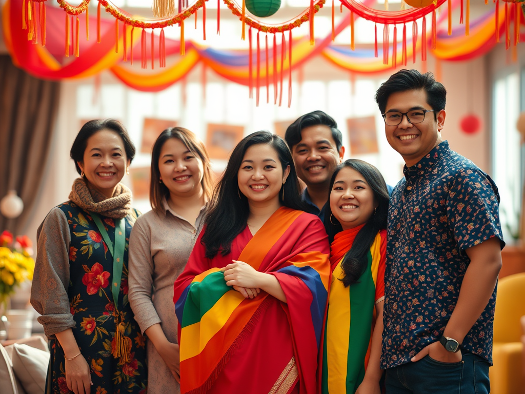 Smiling Asian American family gathered beneath colorful festive decorations